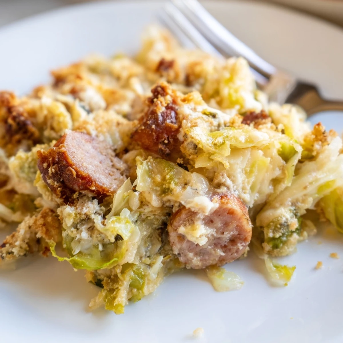 'Herzhafter Baked Cabbage and Sausage Casserole, perfekt mit einem frischen Salat serviert.'