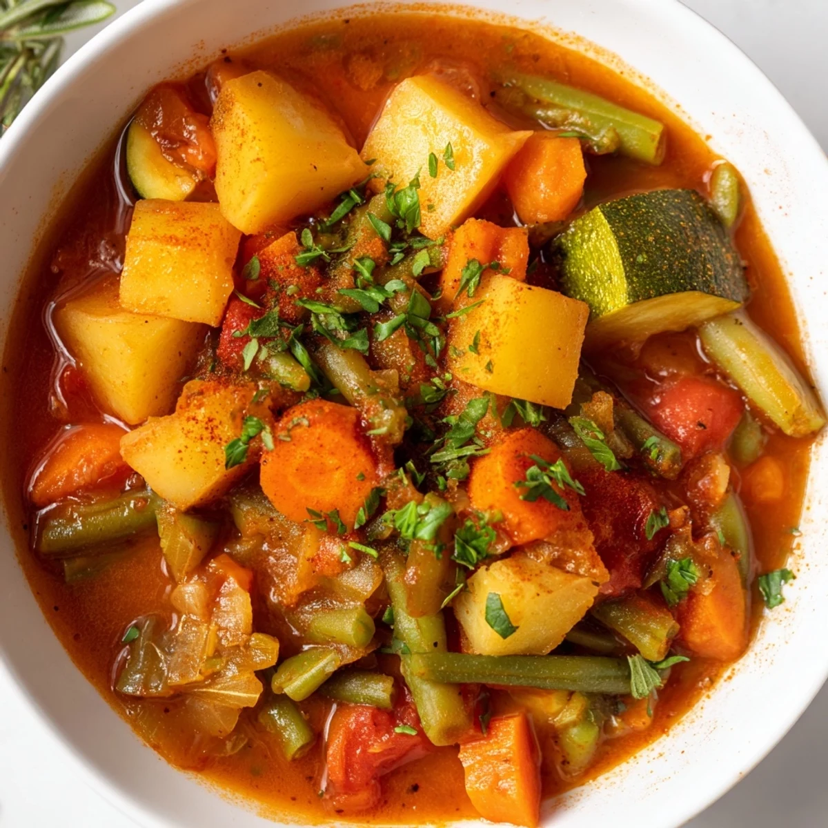 Herzhaftes Gemüse-Eintopf, vollgepackt mit bunten, saisonalen Gemüsesorten und Kräutern.