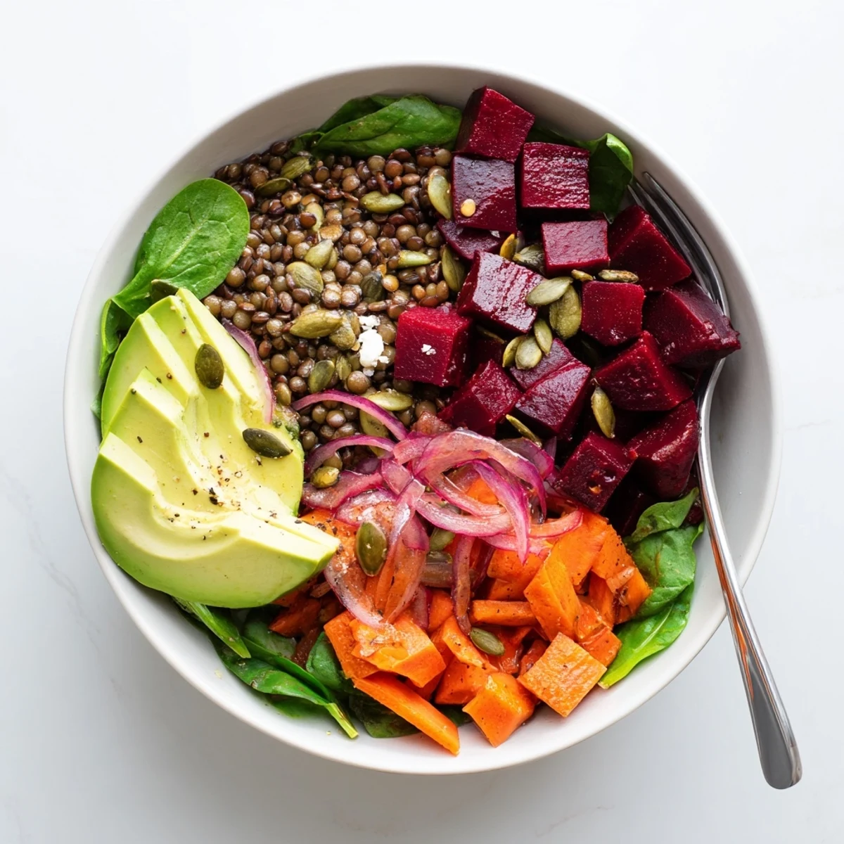 Vibrante Light Beetroot and Lentil Bowl mit geröstetem Gemüse und cremigem Avocado-Topping.