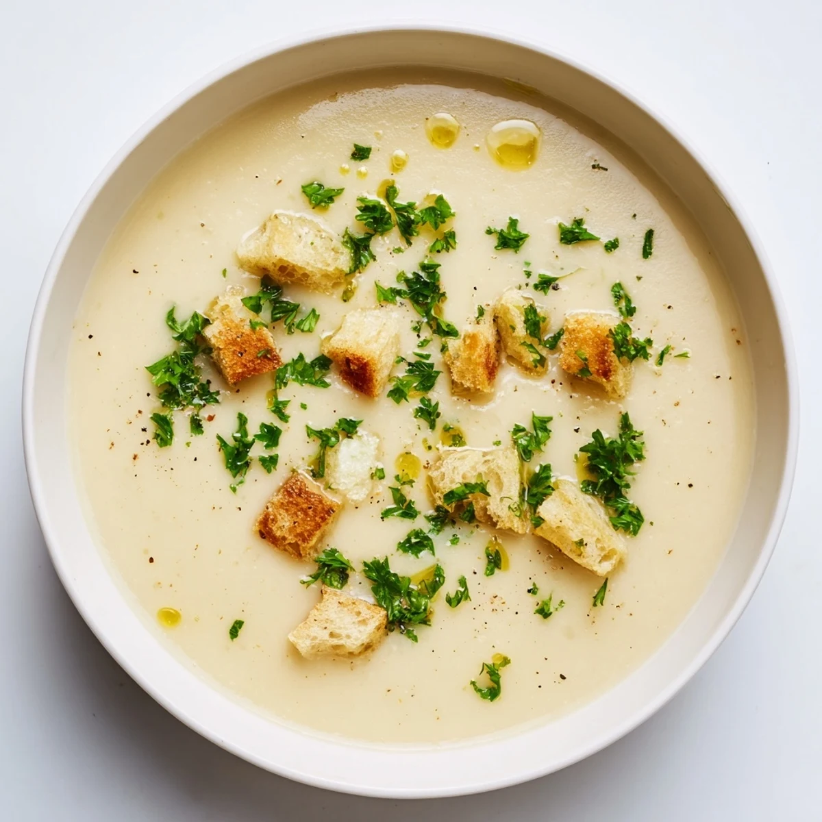 Creamy garlic potato soup garnished with fresh parsley and ready to eat for dinner.