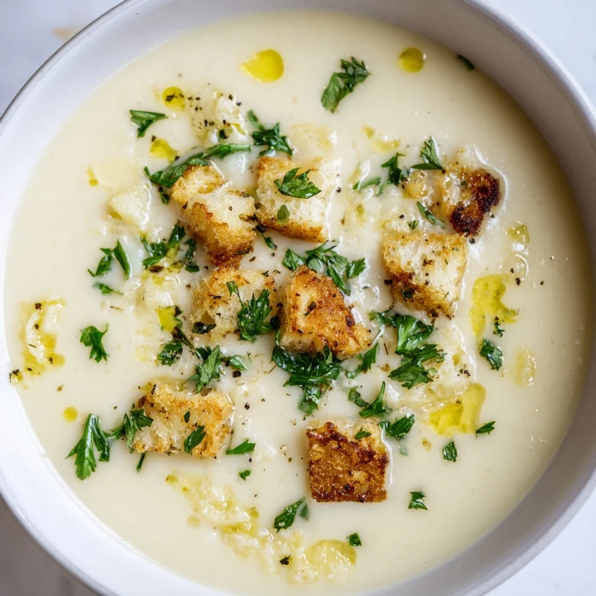 Thick and velvety creamy garlic potato soup, a simple, delicious, and budget-friendly meal.
