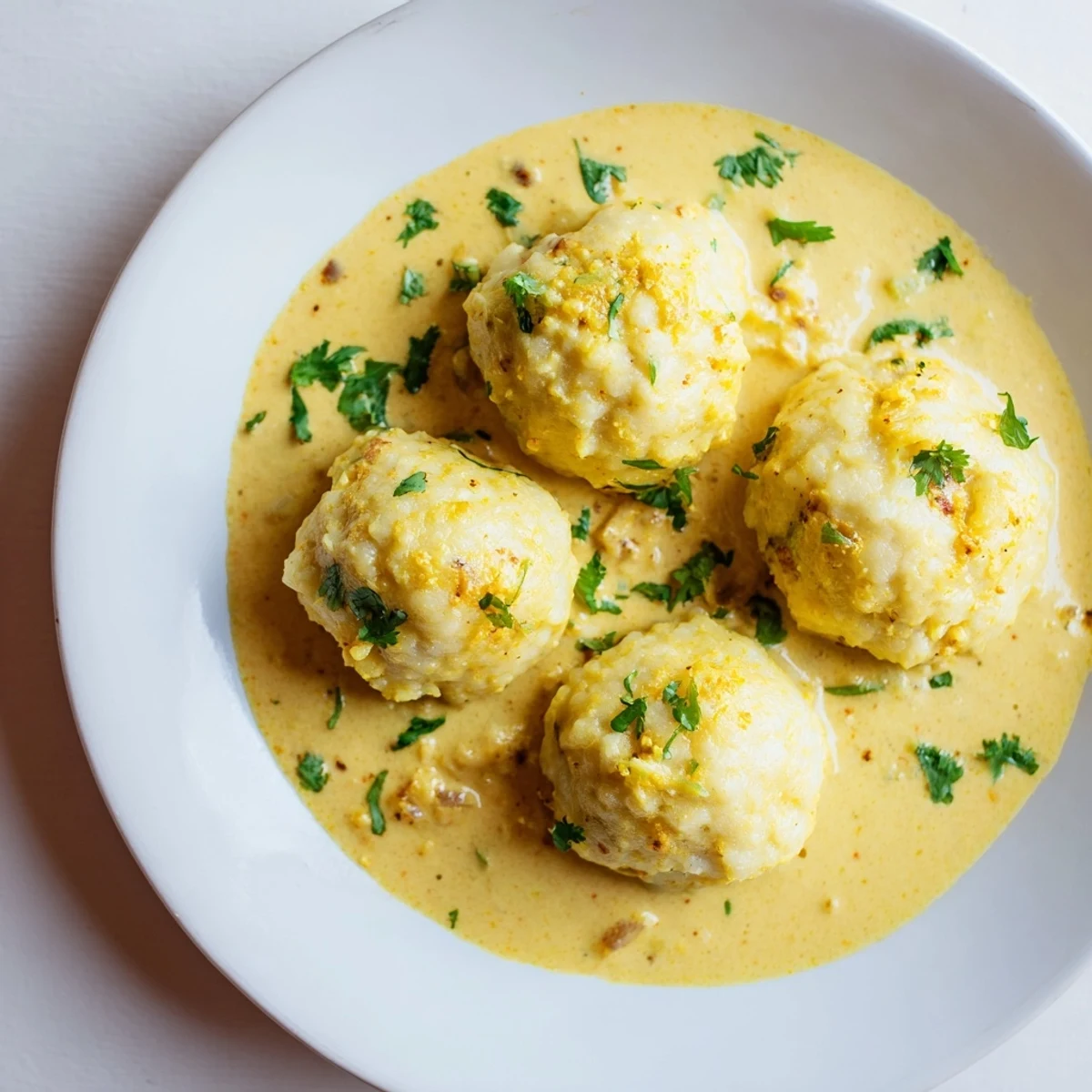 Warm and flavorful Curry Comfort Potato Dumplings, perfectly plated with vibrant green garnish.