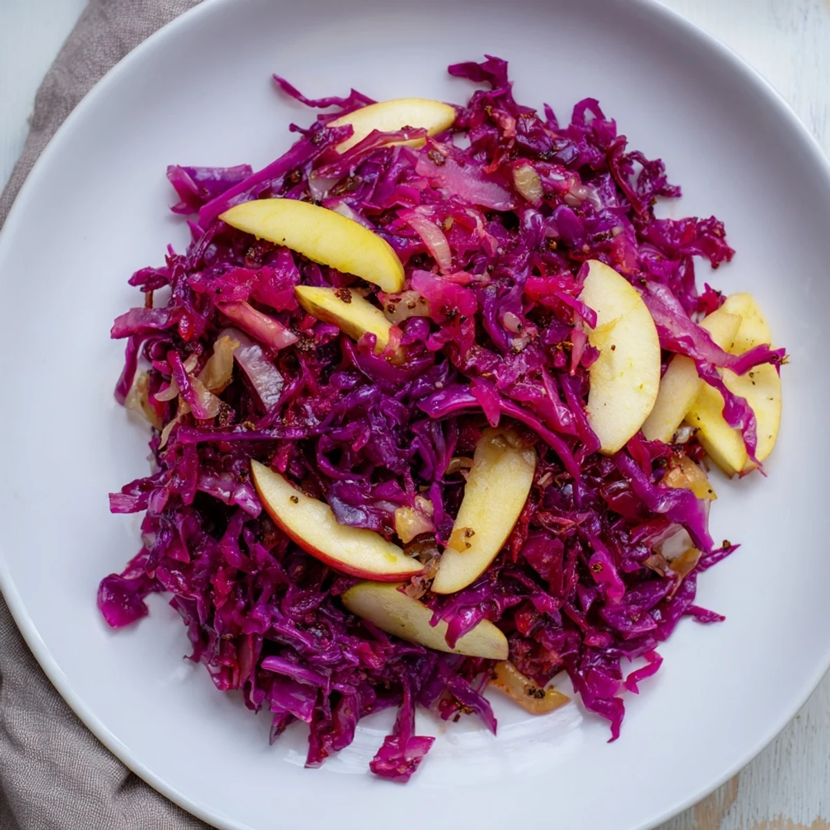Tender Bavarian Red Cabbage and Apple glistening with a sweet and tangy glaze, perfect pairing for meat.
