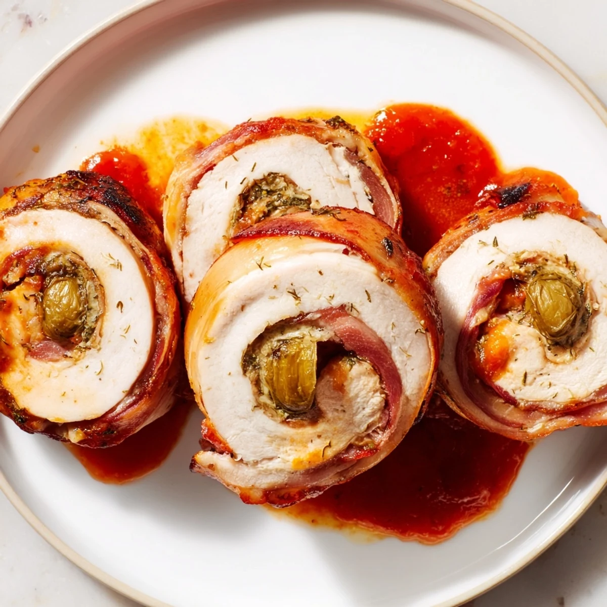 A close-up of beautifully rolled Quick Chicken Rouladen Rolls, stuffed with bacon and pickles.