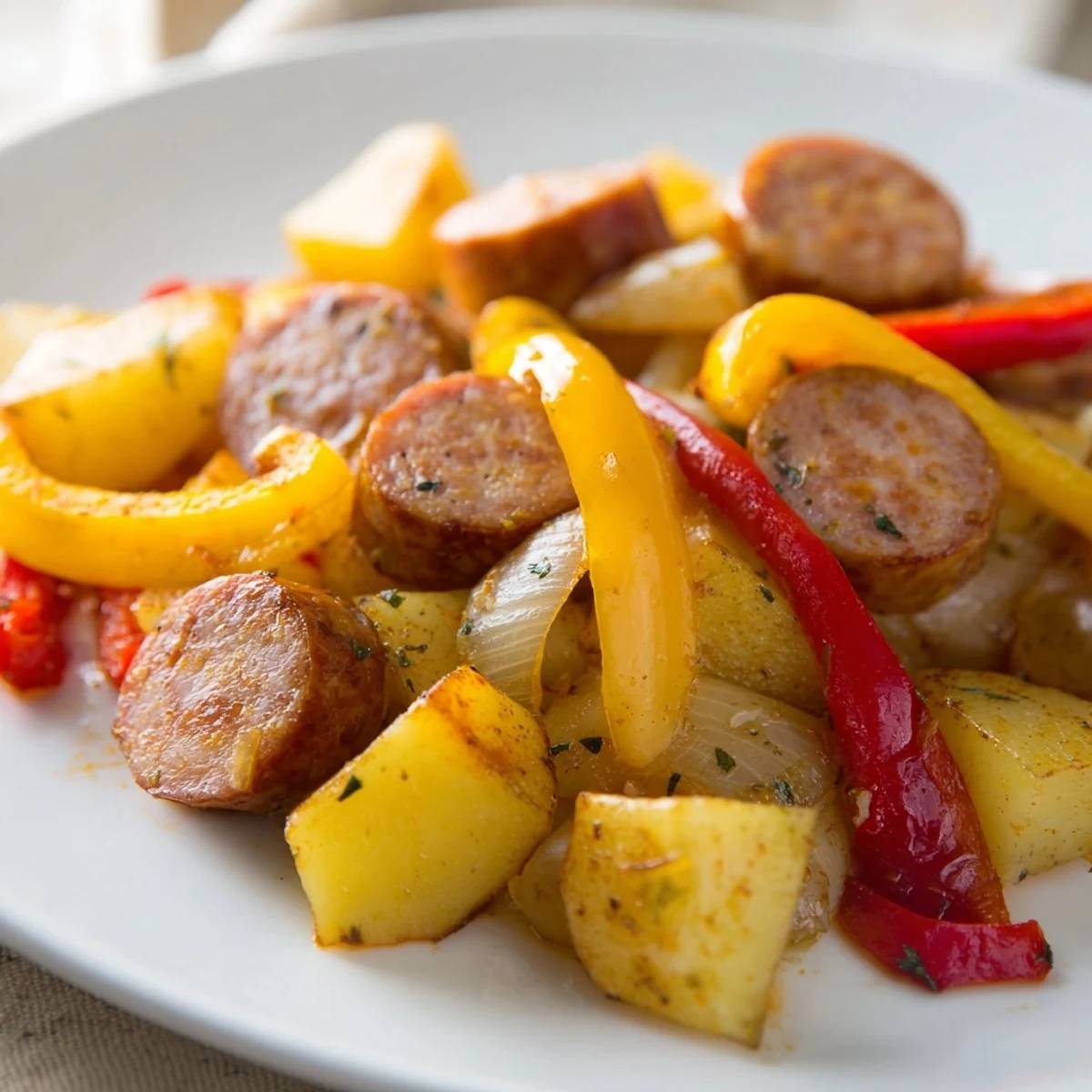 Oven-baked 1-Pot Kielbasa and Potato Bake with browned sausage and colorful peppers, ready to serve.