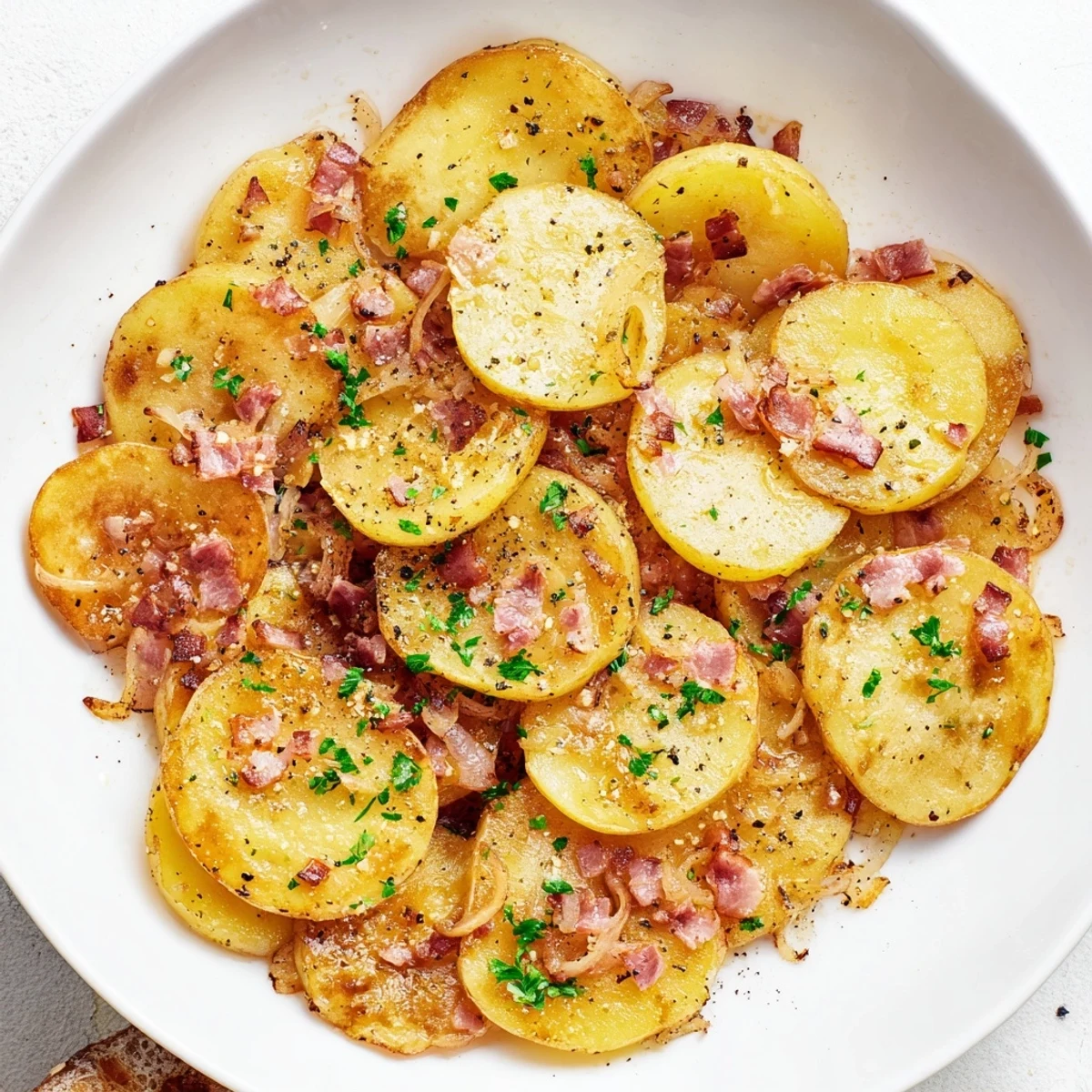 Savory bacon bits and sweet onions sizzle alongside the Simple Fried Potatoes recipe.