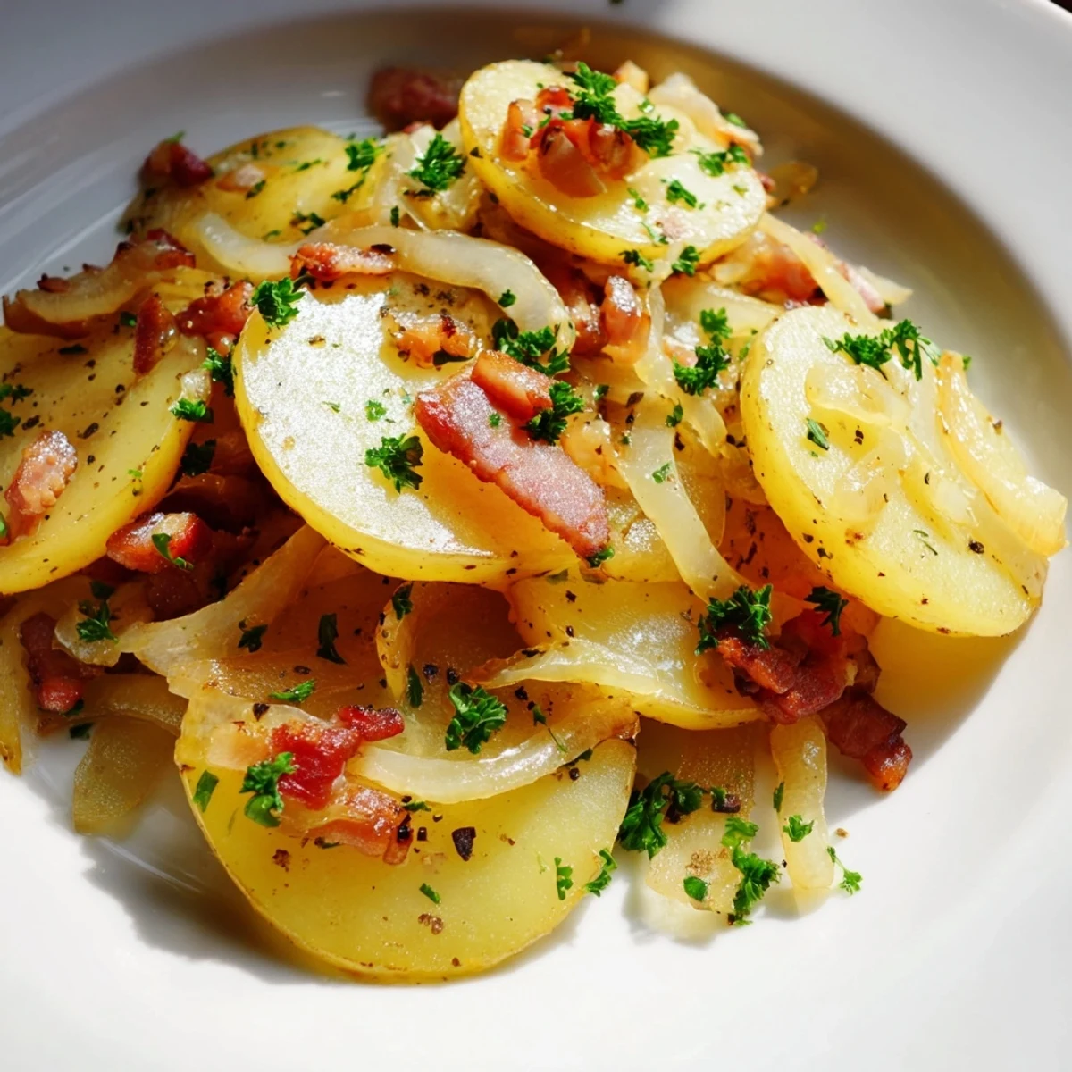 Hearty and delicious, this photo shows Simple Fried Potatoes with Onions & Bacon served hot.
