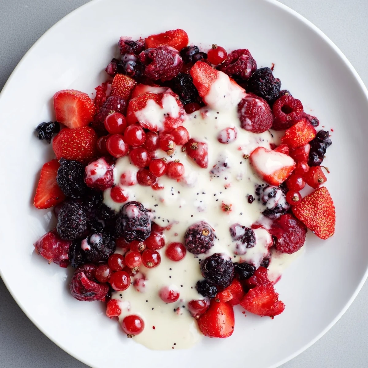 A close-up of fresh Rote Grütze, the berry compote, alongside rich homemade vanilla sauce.