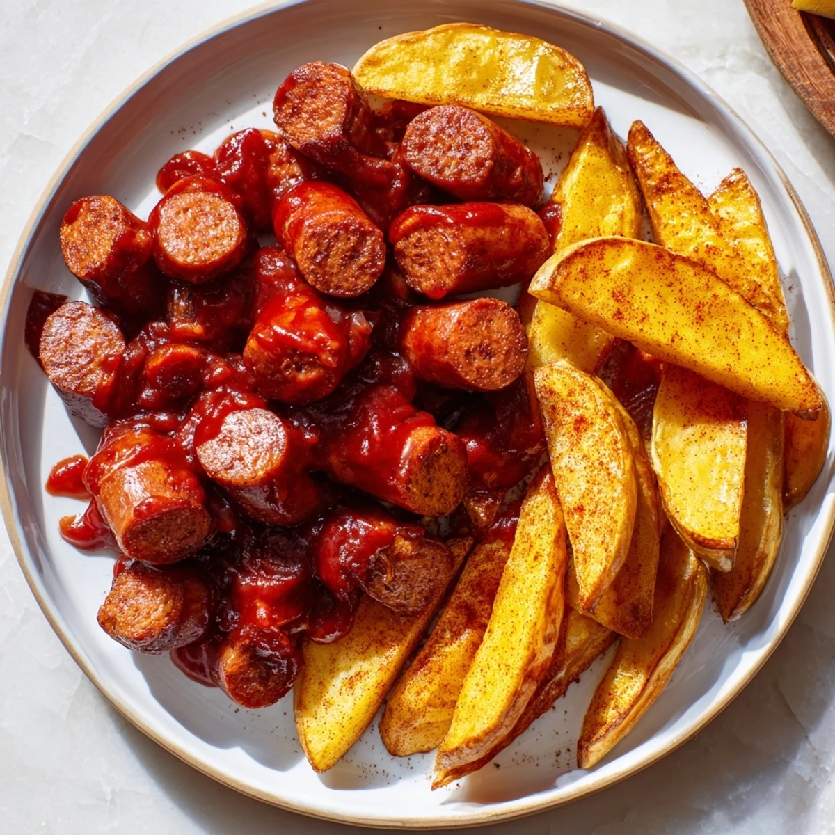 Juicy Currywurst with fries, a German treat: imagine the savory sausage's smoky aroma.