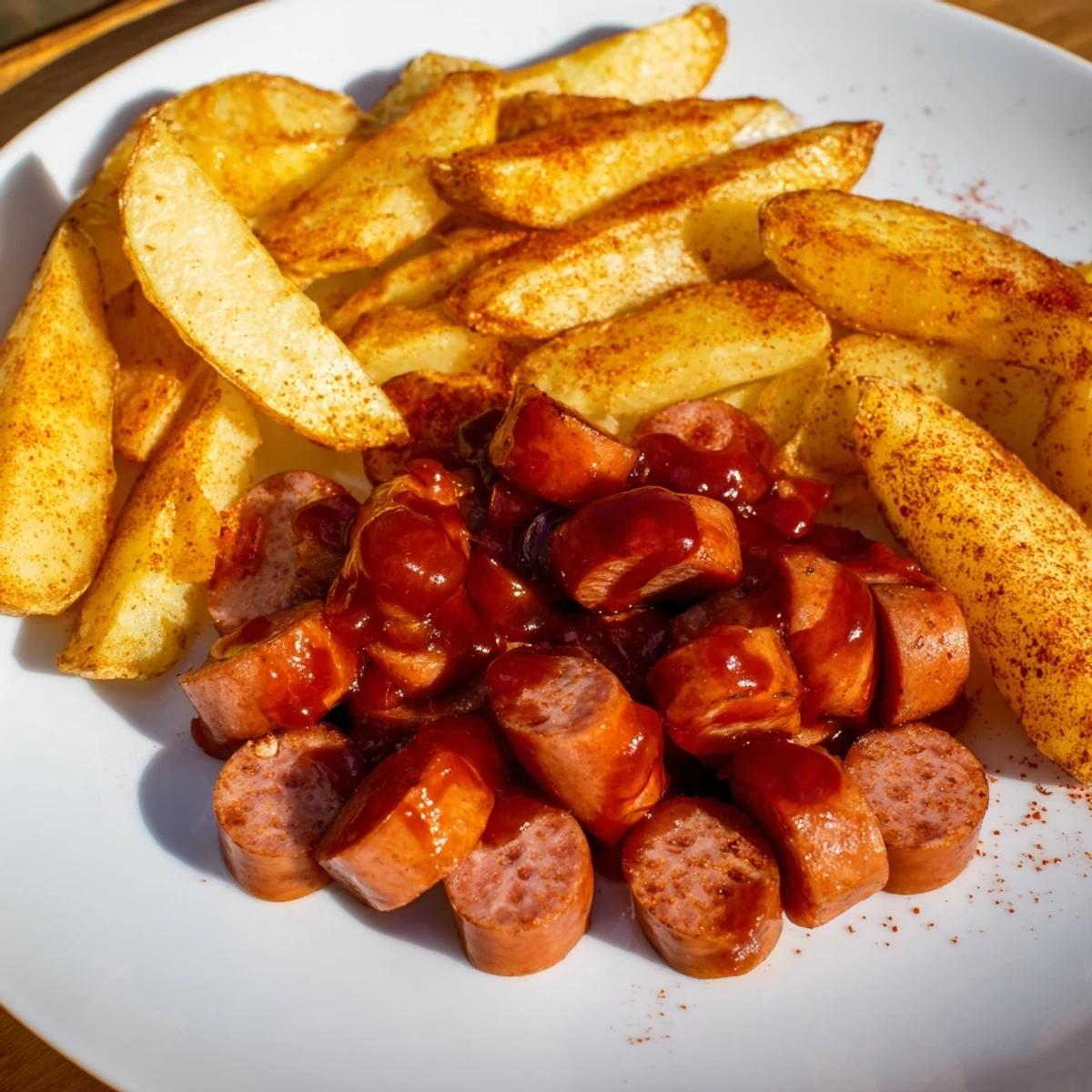 Close-up of freshly made Currywurst, sizzling with flavorful sauce, served with crispy fries.