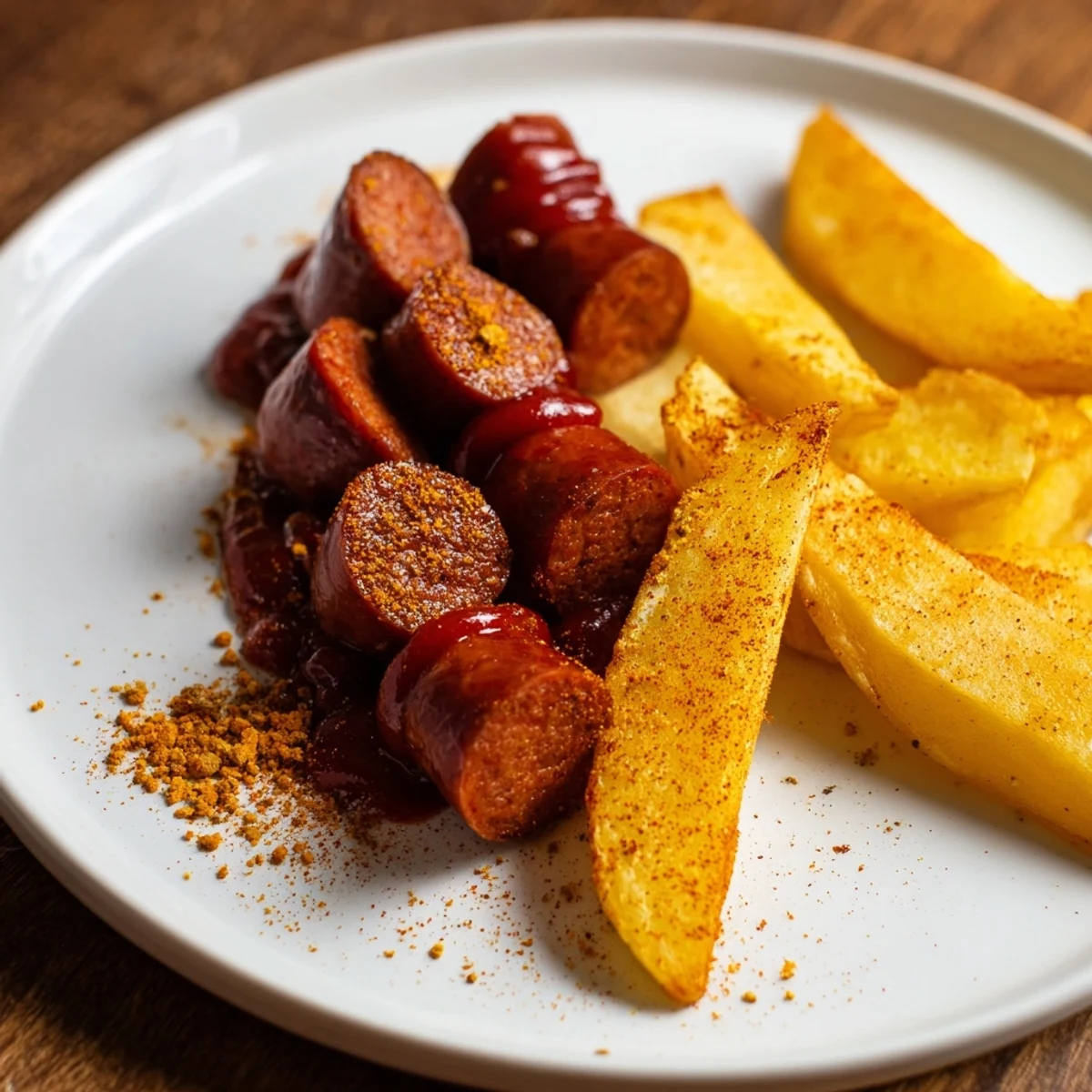 Golden-brown fries and sliced Currywurst, drenched in flavorful curry ketchup, ready to eat.