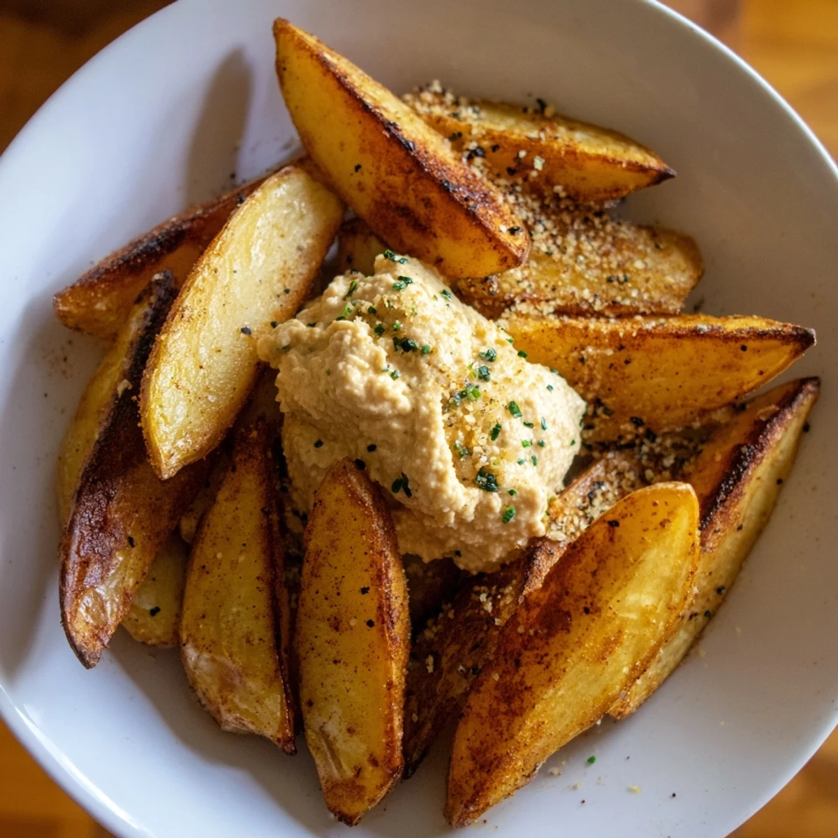 Fresh herb quark alongside a plate of crispy oven-baked potatoes for the perfect side dish.