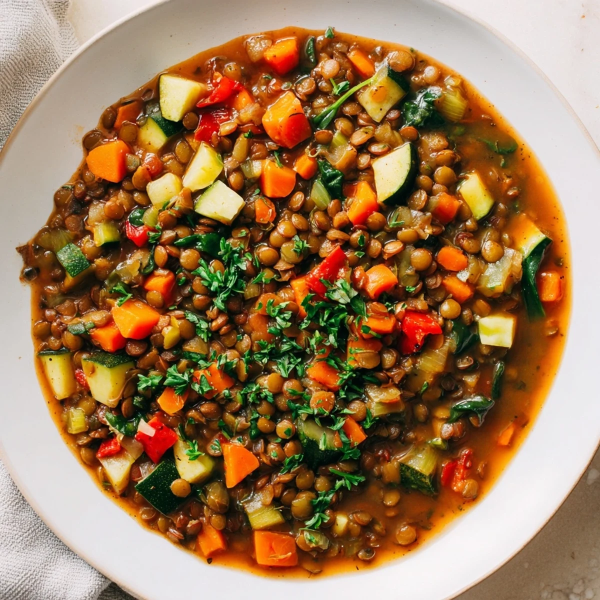 Steaming bowl of One-Pot Lentil & Vegetable Stew, filled with vibrant, hearty vegetables.