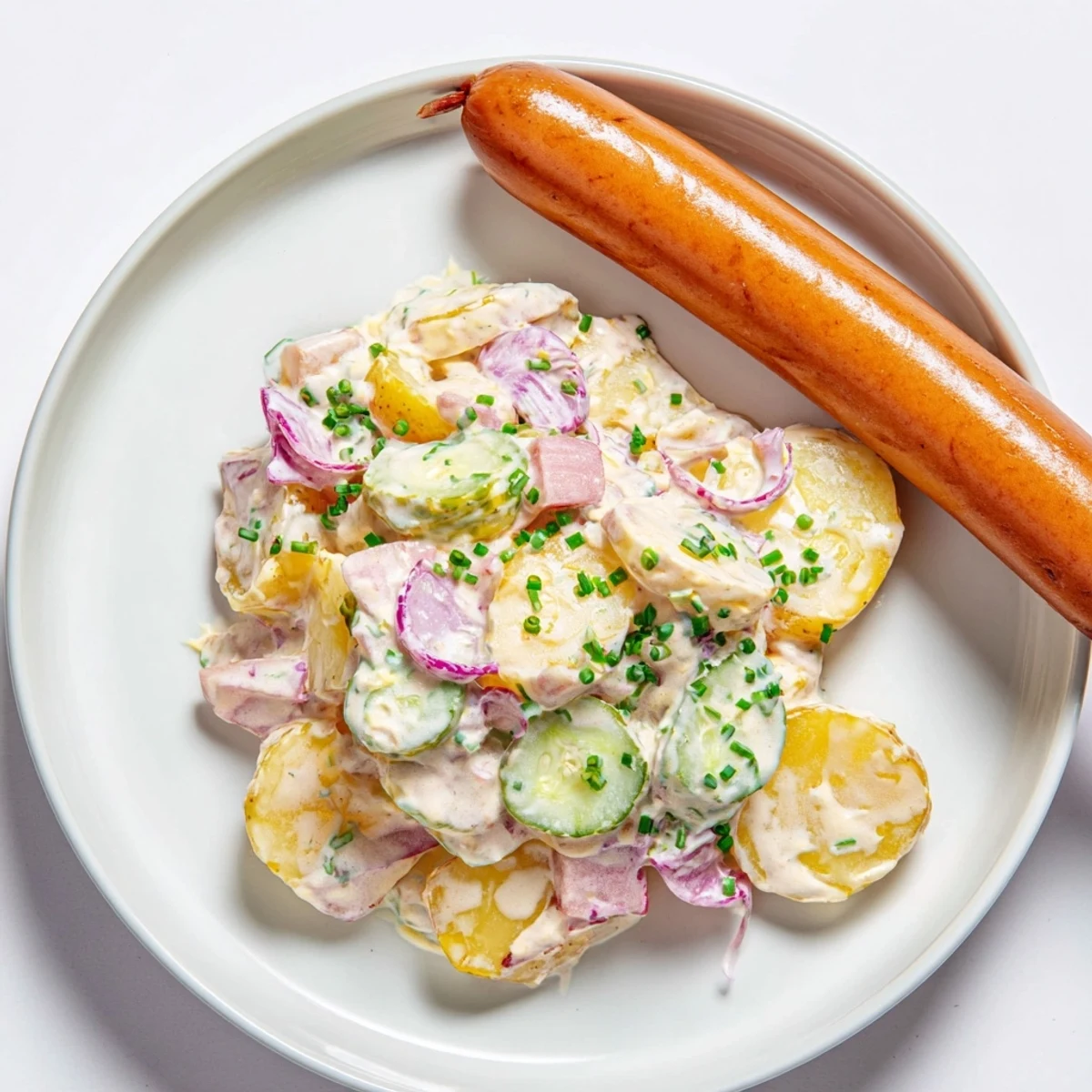 Creamy German Potato Salad with Sausages, served hot with fresh parsley garnish.