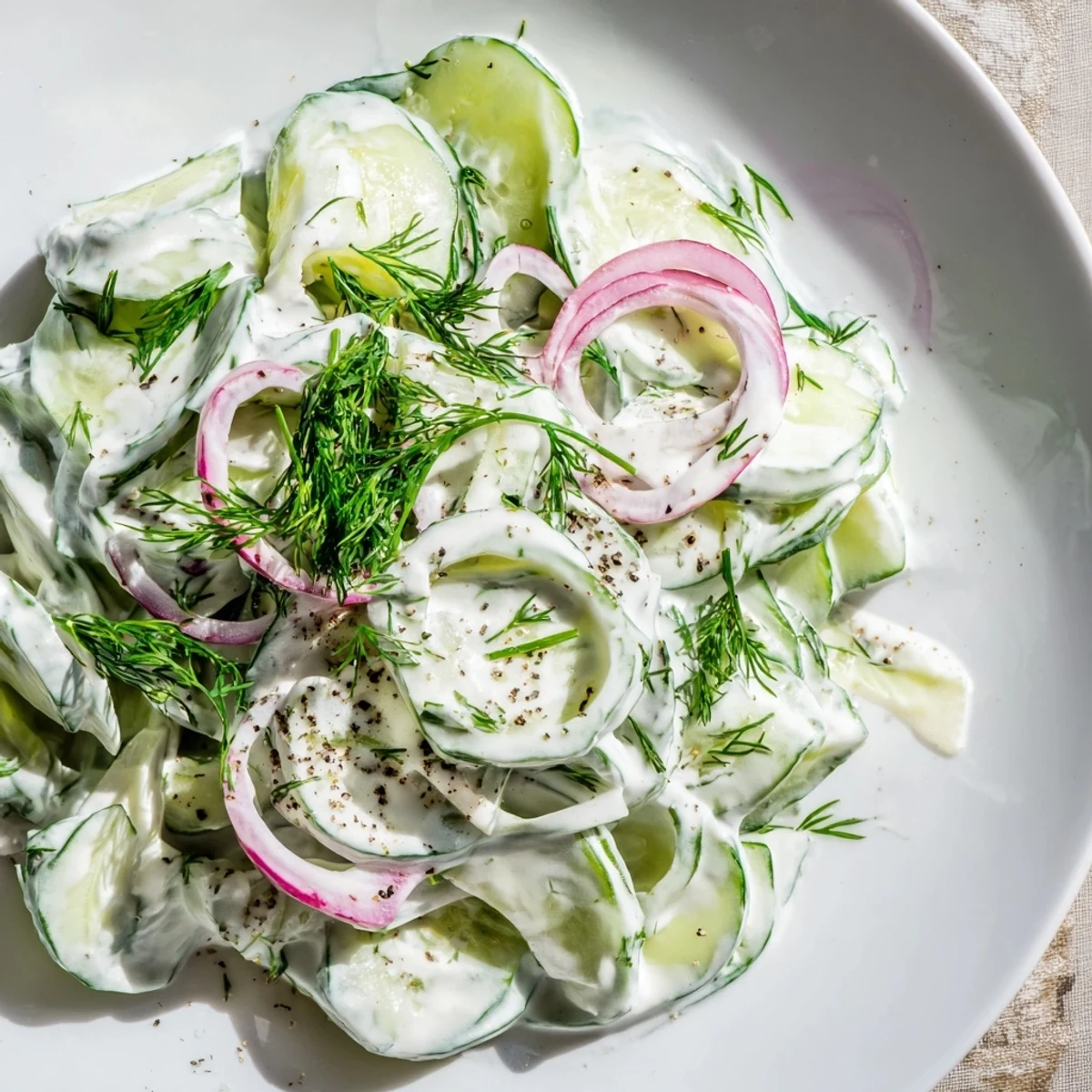 Creamy Omas German Cucumber Salad, showing fresh dill, ready to serve as a side dish.