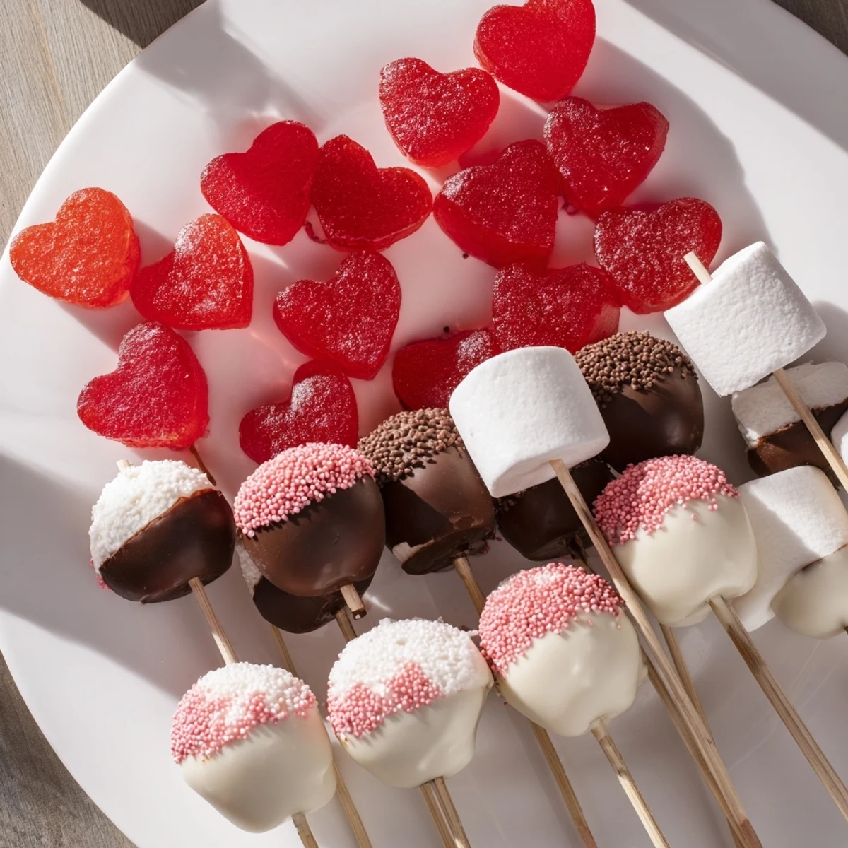 A vibrant Cupid's Arrow Candy Tray, showcasing chocolate-covered strawberries and playful Valentine's treats.