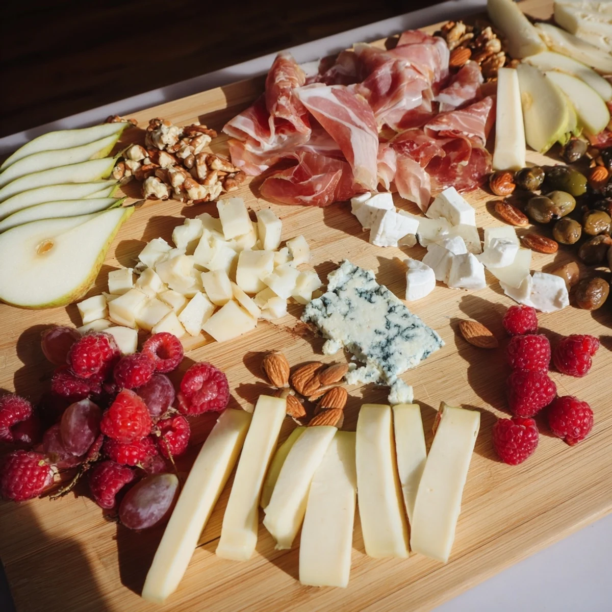 This elegant Lace & Pearls Elegant Board features gourmet cheeses paired with fresh fruits and toasted baguette slices.