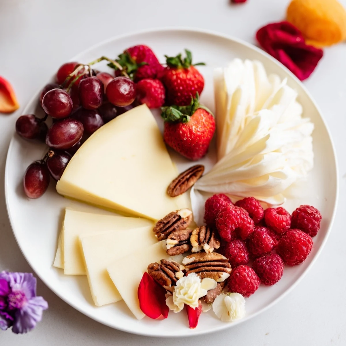A delicious Rose Garden Romantic Platter with ripe strawberries, creamy brie, and candied pecans, beautifully arranged.