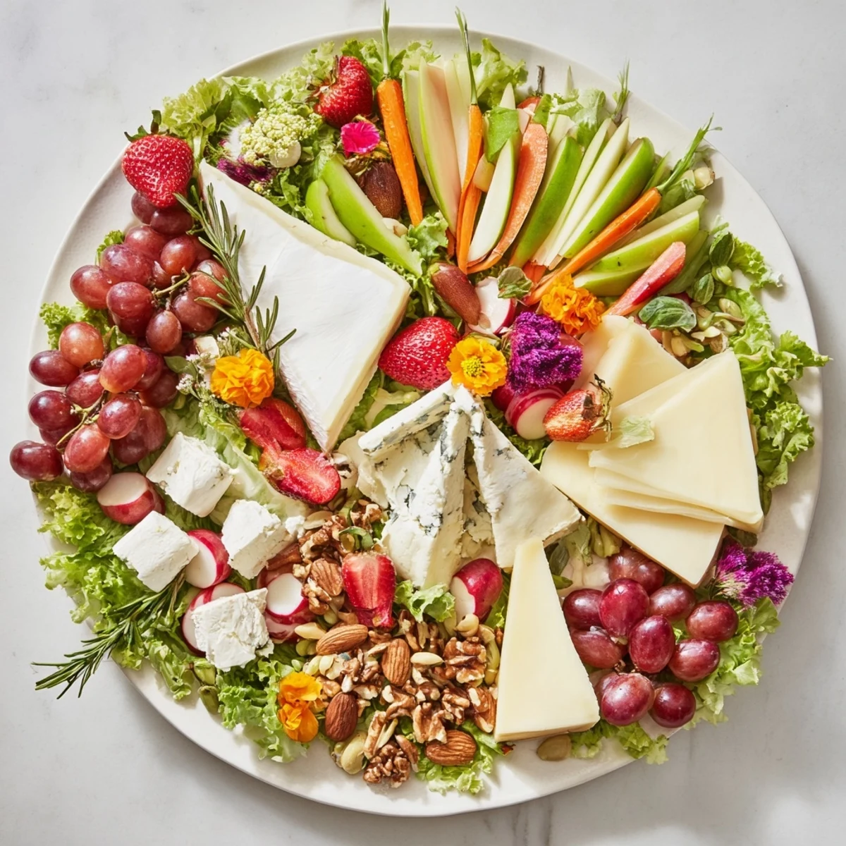 A beautifully arranged Enchanted Forest Grazing Board with vibrant fruits, cheeses, and crackers.