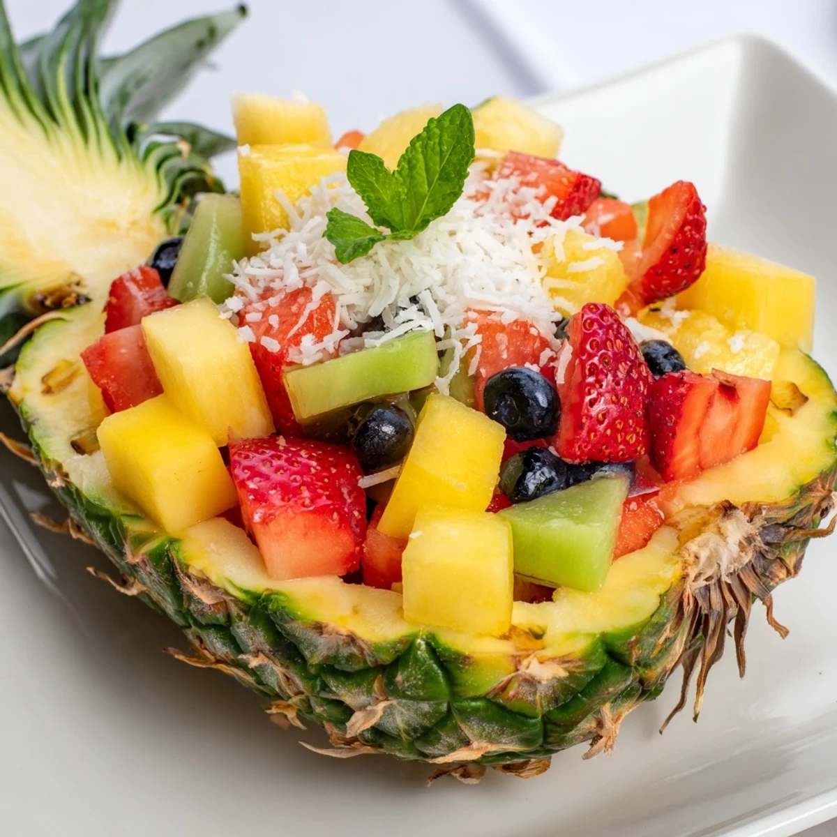 A vibrant Tropical Bliss Pineapple Fruit Boat overflowing with colorful, fresh fruit and coconut.