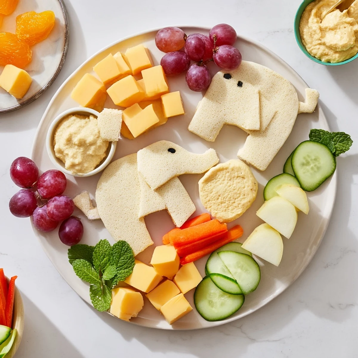 Close-up of a vibrant Gentle Giant Elephant Cracker Board, overflowing with colorful fruits and delicious cheeses.
