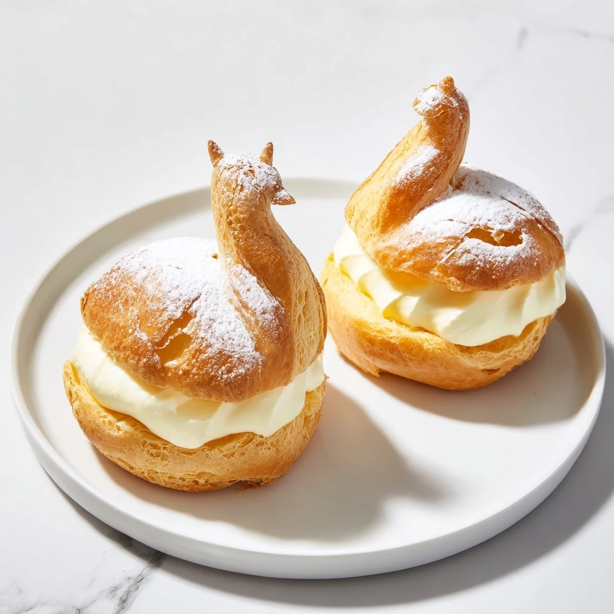 Delicate Feathered Friend Swan Pastry Platter, featuring golden swan puffs overflowing with creamy vanilla filling.