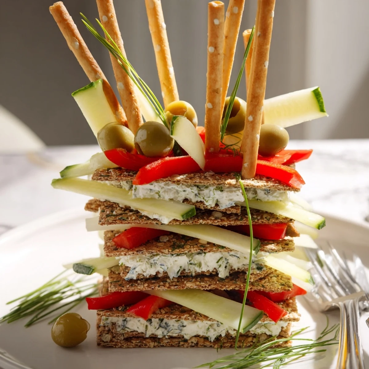 Delicious Urban Skyscraper Appetizers, beautifully stacked with cheese, veggies, and crackers for social gatherings.