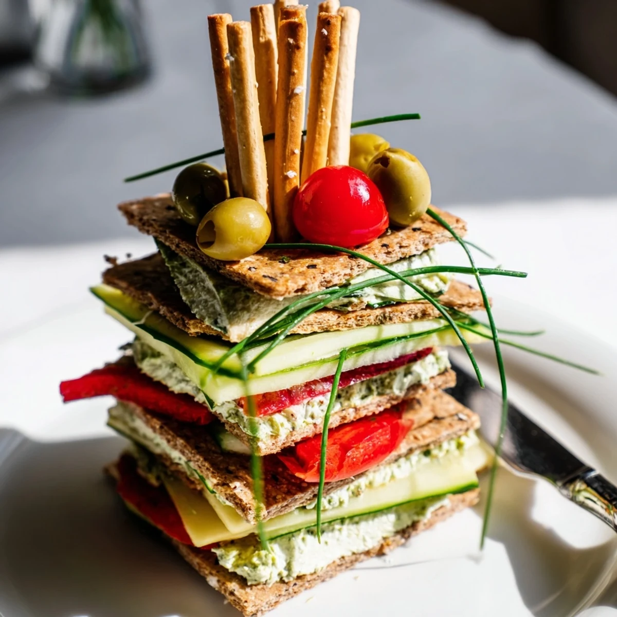 A close-up of vibrant Urban Skyscraper Appetizers, featuring layers of cheese, bread, and colorful toppings.