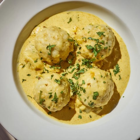 Fluffy Curry Comfort Potato Dumplings in creamy, spiced sauce, a delightful fusion dish.