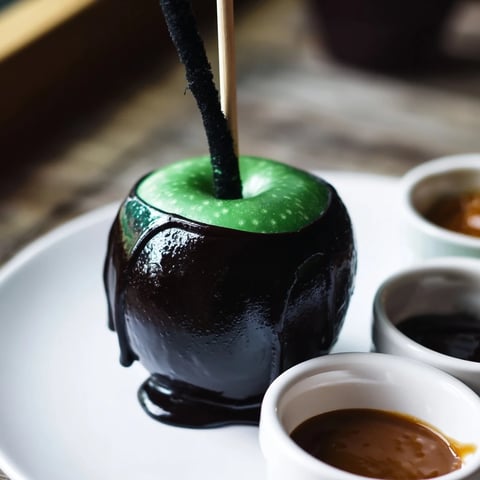 Crispy poison apples coated in black candy, alongside a Halloween treat board overflowing with sweets.
