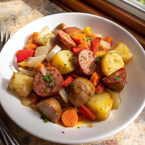 Schnelle und einfache One-Pot-Wurst und Kartoffeln, perfekt für die Familienmahlzeit.  