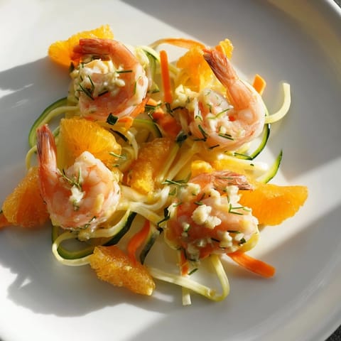 Delectable "Coral Reef" main dish: vibrant shrimp and citrus topped with browned Gruyère.