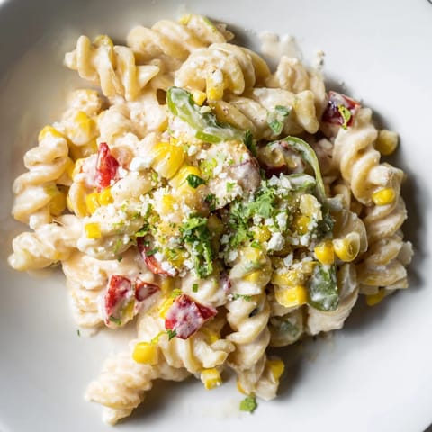 A photo of flavorful One-Pot Mexican Street Corn Pasta, ready to serve with lime wedges.