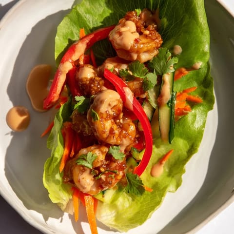 Close-up of vibrant shrimp lettuce cups, showing juicy shrimp and crunchy vegetables arranged.
