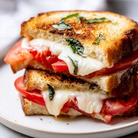 Golden-brown, cheesy Tomato Basil Grilled Cheese sandwich with crispy bread and fresh basil.
