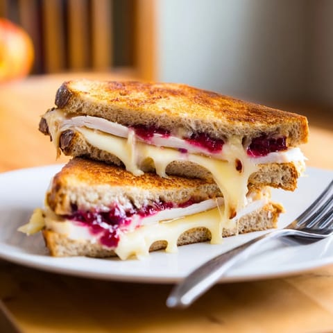 Savory Smoked Turkey Grilled Cheese sandwich, crispy buttered bread with sharp cheddar and tangy cranberry spread.  