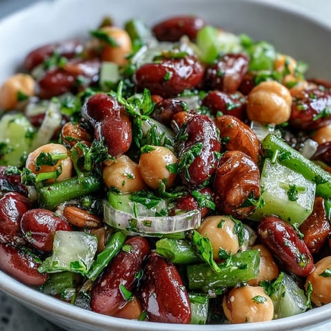 Erfrischender Three-Bean Salad voller Texturen, servierfertig für ein Sommerpicknick.