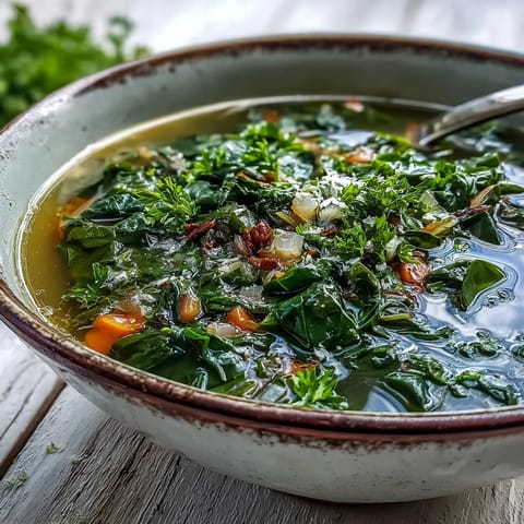 Geschmorte Zwiebeln und Kräuter verleihen dieser Swiss Chard Soup viel Tiefe.