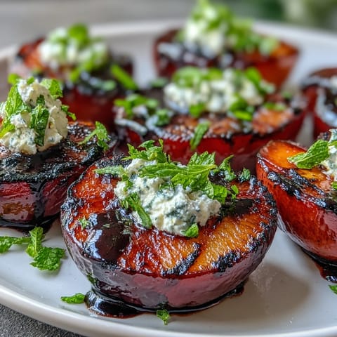 Frische, gegrillte Balsamic-Goat-Cheese-Pflaumen mit cremiger Ziegenkäse-Füllung auf einem rustikalen Holztisch.