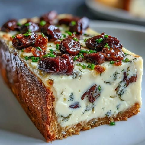 Creamy Kalamata Cheesecake Appetizer sliced, ready for guests or entertaining.