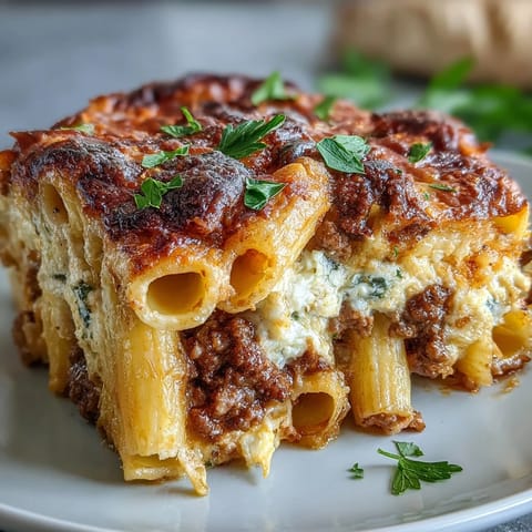 Goldene Cottage Cheese Protein Pasta Bake mit Hackfleisch, überbacken mit geschmolzenem Mozzarella auf einem Backblech.