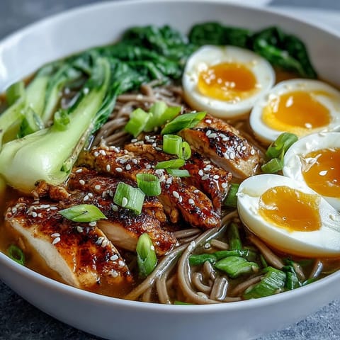 Sliced chicken and soba noodles in savory miso broth, topped with green onions and chili oil for a spicy kick