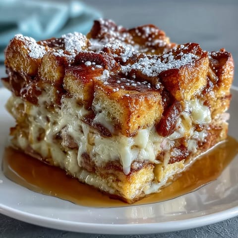 Köstlicher Monte Cristo Breakfast Casserole mit gebackenem Brot, Schinken und Käse, bestreut mit Puderzucker.