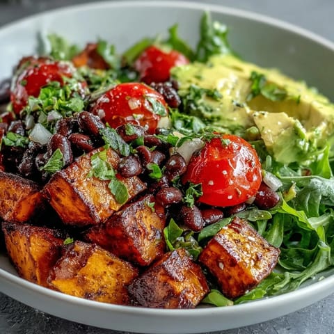 Frische Tex-Mex-Aromen: knusprige Süßkartoffeln, schwarze Bohnen, knackiger Salat und zitronige Limette, serviert in einer nahrhaften vegetarischen Schüssel für Mittagessen.