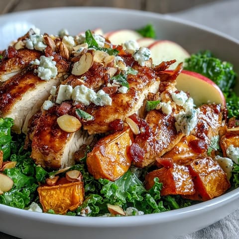 Helles Herbst-Süßkartoffel-Schüssel mit geröstetem Hähnchen, Äpfeln und Ziegenkäse auf einem rustikalen Tisch.