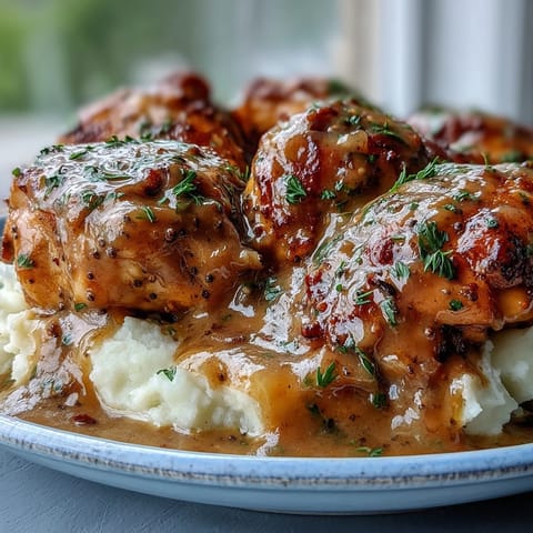 Tender Slow Cooker Honey Mustard Chicken drizzled with rich sauce alongside creamy mashed potatoes and herbs