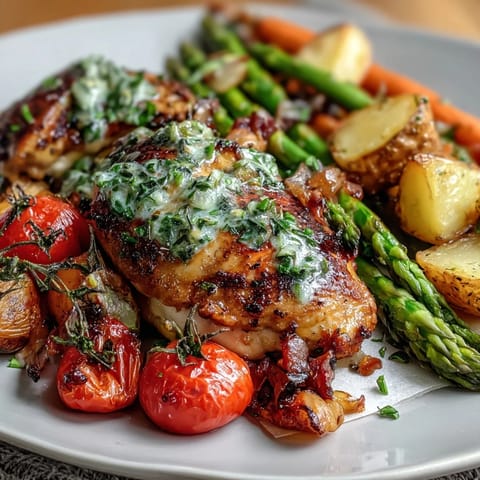 Lebhafte, gesunde Hähnchenbrust mit frischem Spargel und buntem Gemüse auf einem Backblech.