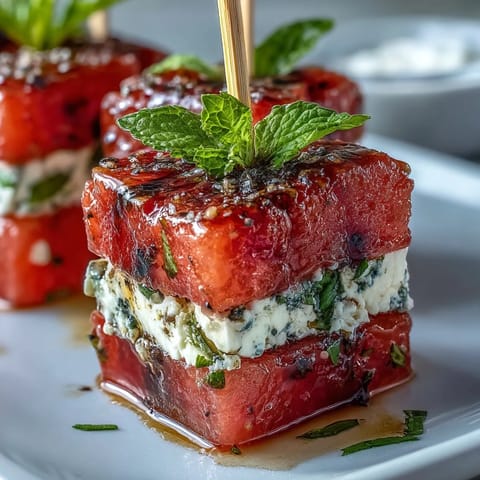 Erfrischende Wassermelonen-Feta-Bites mit Minze, perfekt für den kleinen Hunger.