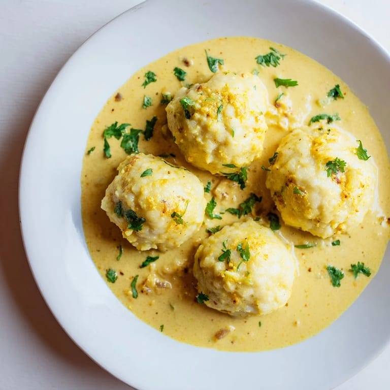Warm and flavorful Curry Comfort Potato Dumplings, perfectly plated with vibrant green garnish.