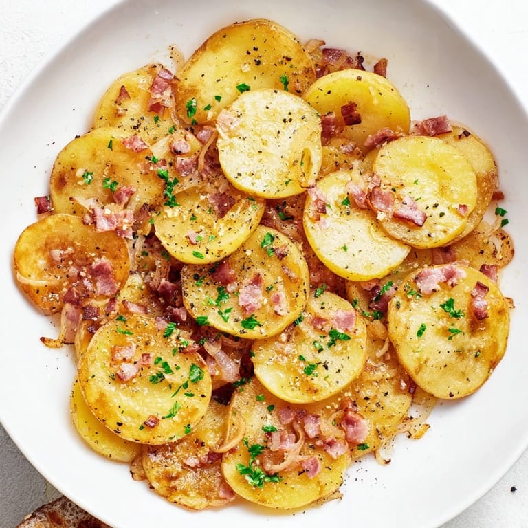 Savory bacon bits and sweet onions sizzle alongside the Simple Fried Potatoes recipe.